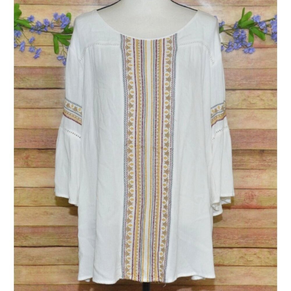 Catherines Womens Petite Gauzy Embroidered Blouse Size 1XWP 3/4 Bell Sleeve Boho